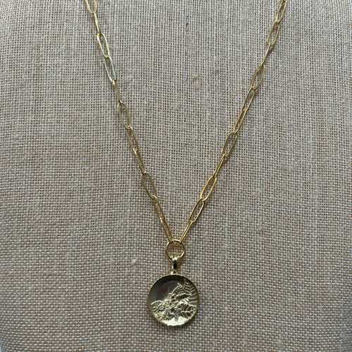 Susan Shaw: Gold Tobacco Leaf Plate on Medium Paperclip Necklace