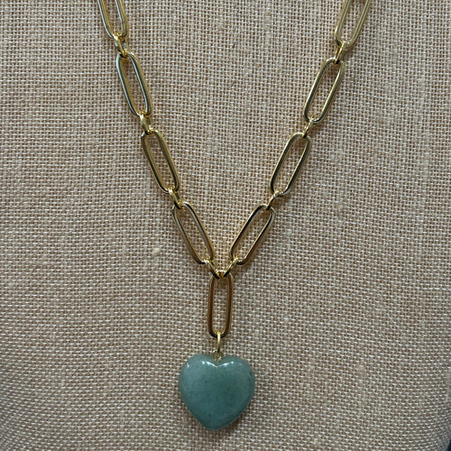 Susan Shaw: Gold Heart Paperclip Chain with Green Jade Heart Drop