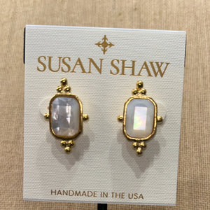 Susan Shaw: Gold Mother of Pearl Rectangle Stud Earrings