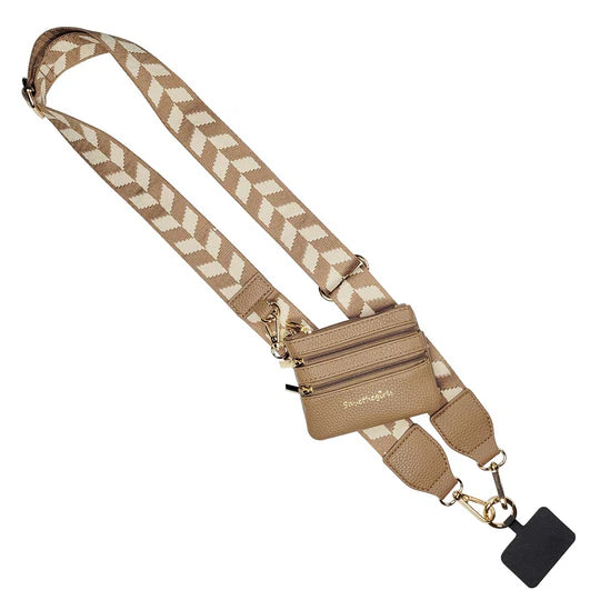 Touch Screen Purse -CLIP & GO PHONE LANYARD-BROWN/CREAM CHEVRON