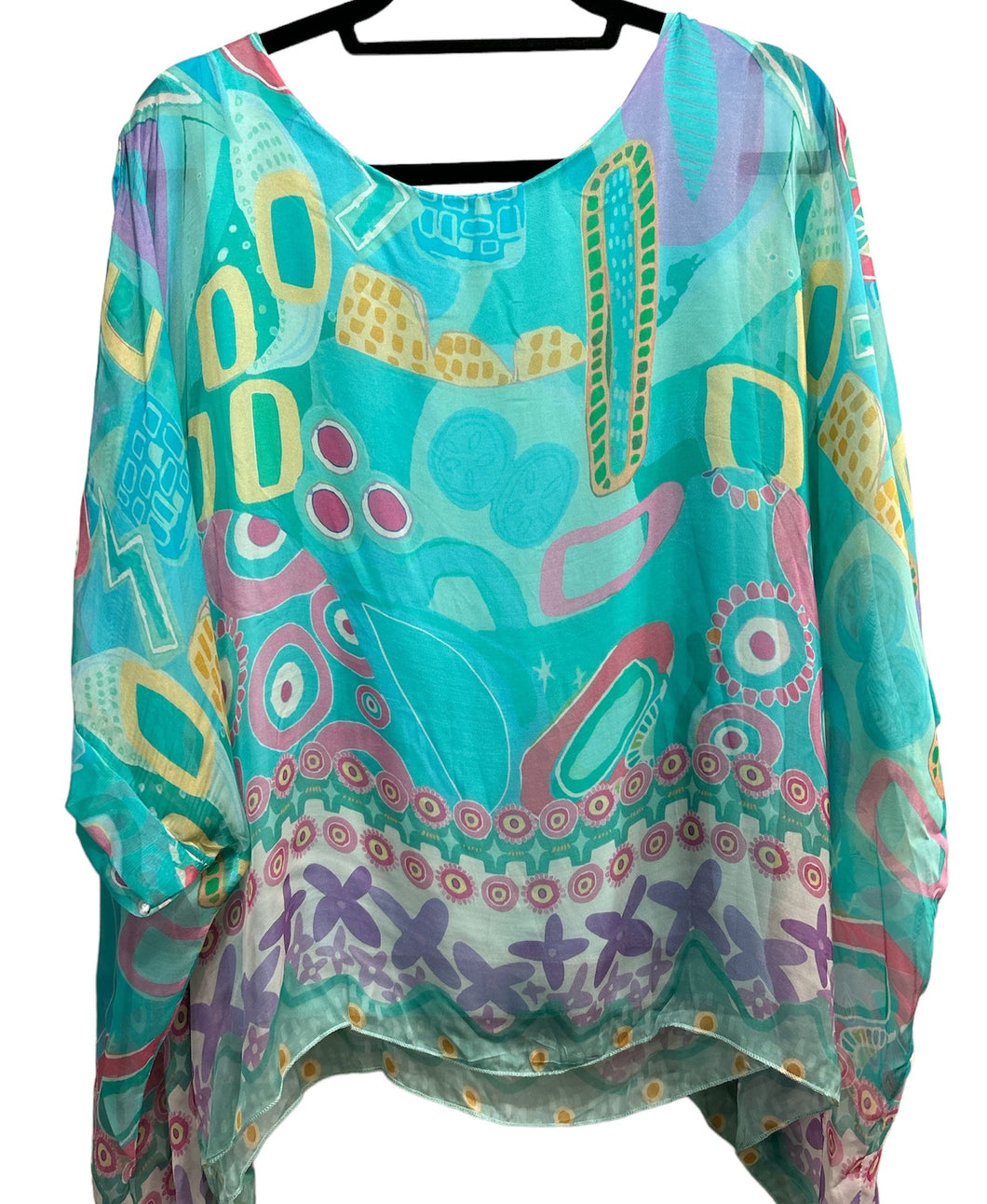 Printed Silk Blouse- Aqua- Multi-Color