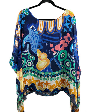 Printed Silk Blouse- Navy- Multi-Color