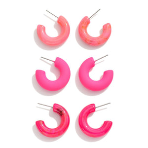 Set of 3 Chunky Drop Hoop Earrings, Pink