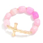 Load image into Gallery viewer, Pink Beaded Stretch Bracelet with Gold Cross