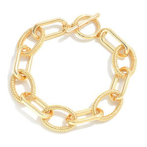 Gold Paperclip and Textured Chain Link T-Bar Bracelet
