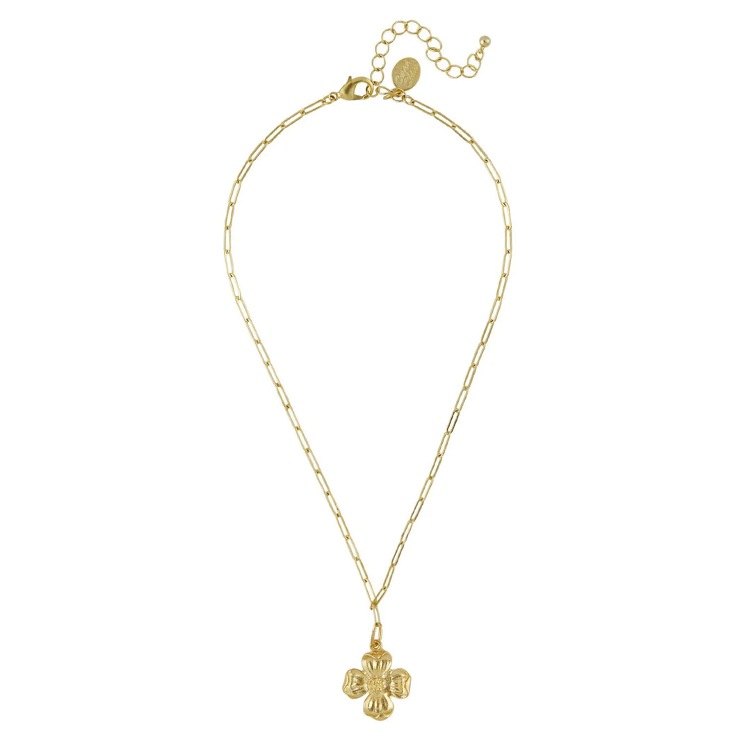 Susan Shaw Gold Paperclip Chain with Dogwood Flower Necklace