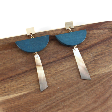Blue Wood with Shell Dangle Earrings