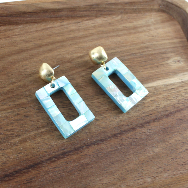 Gold Post and Blue Shell Dangle Earrings