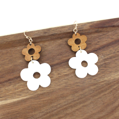 Brown and White Flowers Dangle Earrings