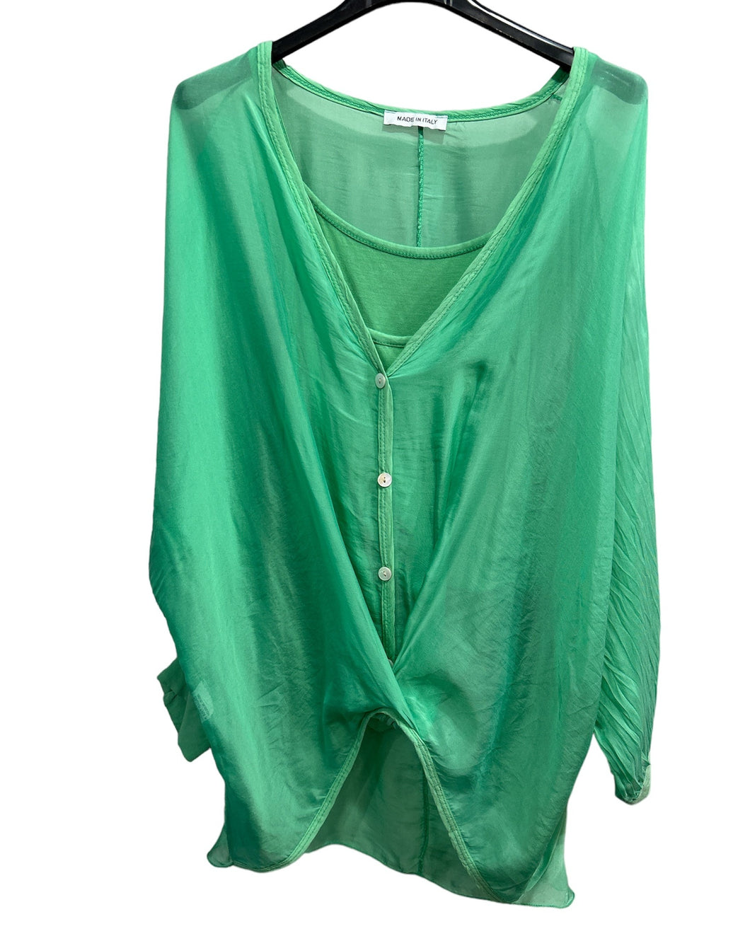 Made In Italy Silk Button-Up Layered Top, Green