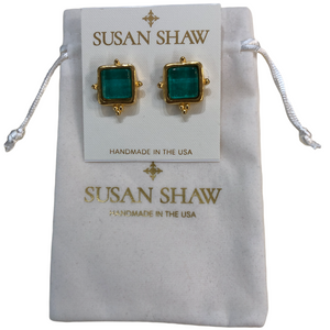 Susan Shaw Handcast Gold and French Glass Madeline Stud Earrings-Teal