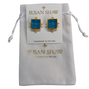 Susan Shaw Handcast Gold and French Glass Madeline Stud Earrings-Turquoise
