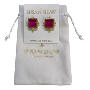 Susan Shaw Handcast Gold and French Glass Madeline Stud Earrings-Fuchsia