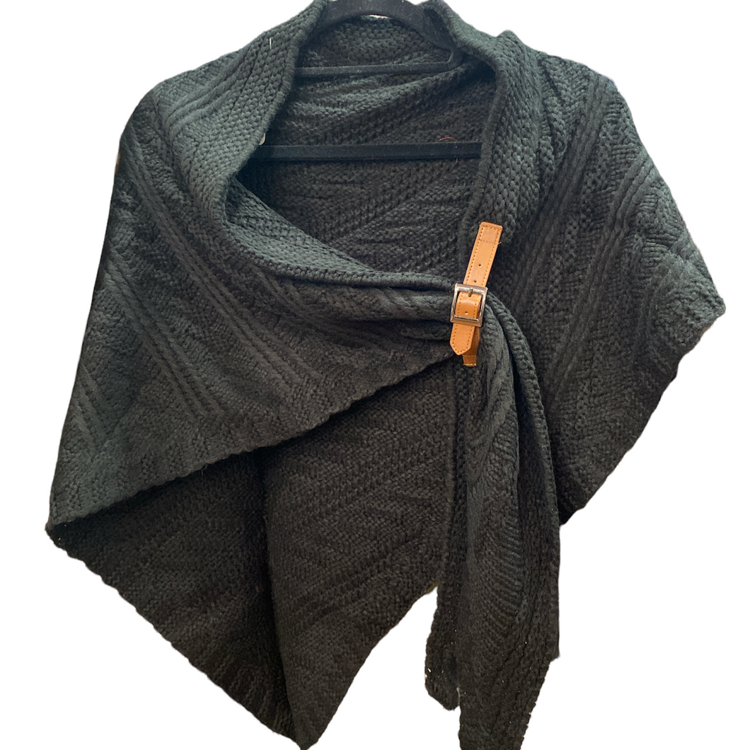 Cable Knit Cape - with Leather Buckle - BLACK
