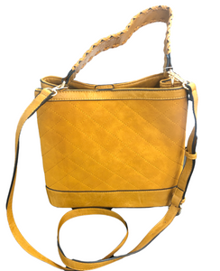 Suede Quilted Satchel with Braided Stitch Handle & Crossbody Strap - Mustard
