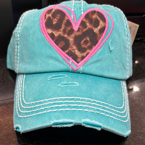 Distressed Baseball Cap-Leopard Heart
