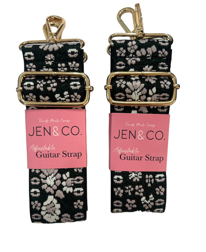Floral Guitar Strap - Pink & White on Black