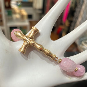 Pink Beaded Stretch Bracelet with Gold Cross
