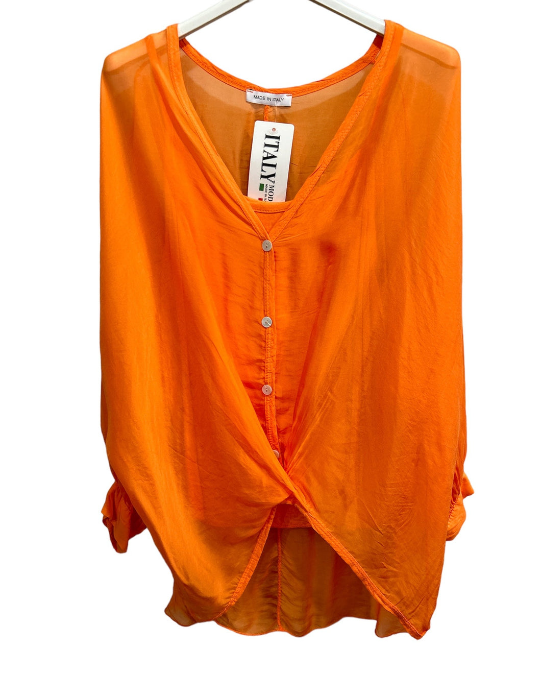 Made In Italy Silk Button-Up Layered Top, Orange